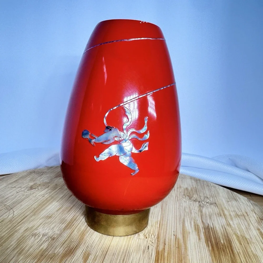Vintage 1978 Korean Red Lacquerware Vase Asian Decor Gold Figure Brass Footed